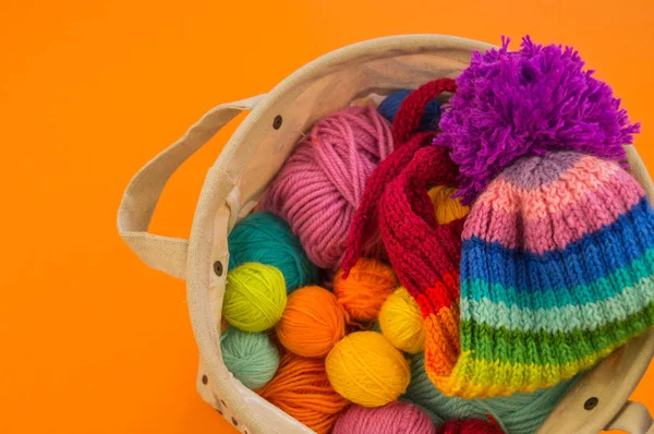 Rainbow Cap Made Wool Orange Background Copy Space View Striped — Stock Photo, Image