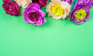 Kapkacak ve aletleri krep kağıt çiçekler üzerinde yeşil arka plan yapmak için. Cosmos çiçek buketi