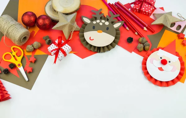 Kid Makes Deer Santa Claus Out Paper Christmas Crafts Decoration — Stock Photo, Image