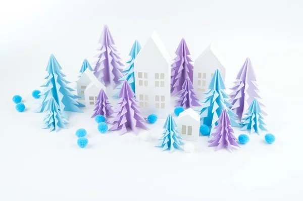 Albero Natale Carta Blu Lilla Sfondo Bianco Biancaneve Blu Casa — Foto Stock