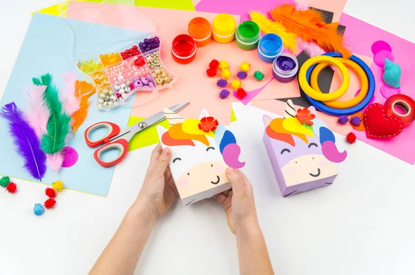 Box Gift Form Rainbow Unicorn Children Paper Craft School Kindergarten — Stock Photo, Image