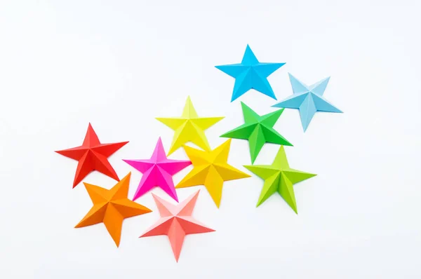 Star Made Rainbow Colored Paper Festive Decor Starry Sky White — Stock Photo, Image