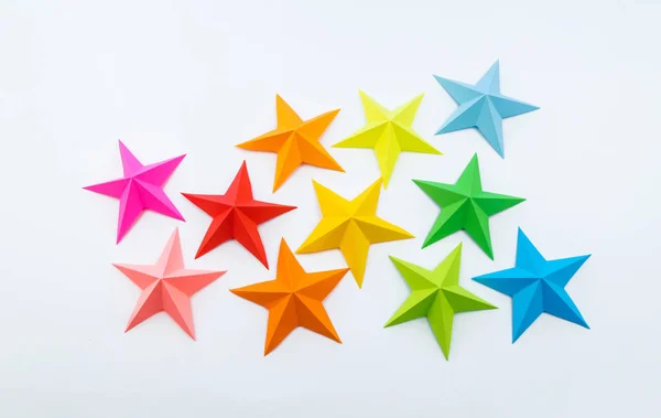 Star Made Rainbow Colored Paper Festive Decor Starry Sky White — Stock Photo, Image