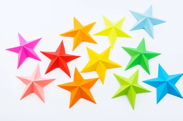 Star Made Rainbow Colored Paper Festive Decor Starry Sky White — Stock Photo, Image
