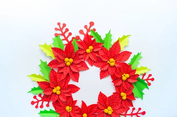 Paper Flower Poinsettia Leaves Holly Christmas Wreath White Background Colors — Stock Photo, Image