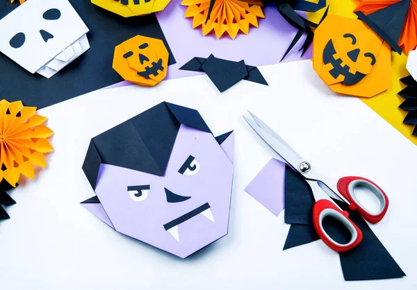 Origami Halloween Morcego Fantasma Abóbora Papel Vampiro Copie Spase Criatividade — Fotografia de Stock