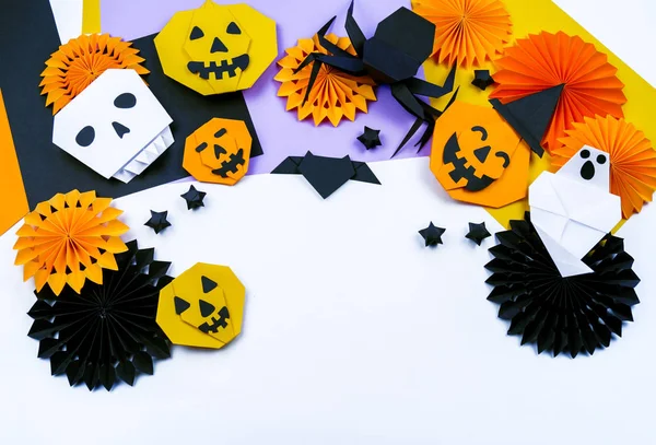 Origami Halloween Morcego Fantasma Abóbora Papel Vampiro Copie Spase Criatividade — Fotografia de Stock