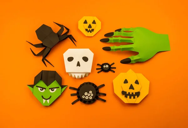 Orange Background Collection Halloween Objects Overhead View Skull Pumpkin Ghost — Stock Photo, Image