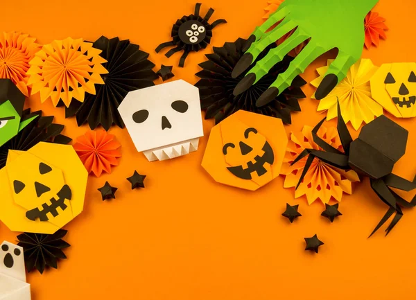 Fondo Naranja Con Colección Objetos Halloween Vista Aérea Calavera Calabaza — Foto de Stock