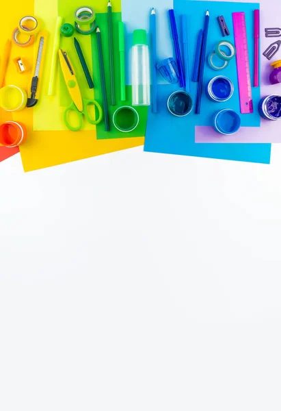 School Accessories Laid Out Form Rainbow White Background Happy Back — Stock Photo, Image