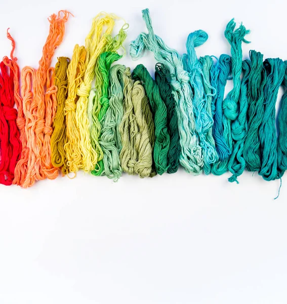 Rainbow Color Threads Embroidery White Background Favorite Hobby Comfort Craft — Stock Photo, Image