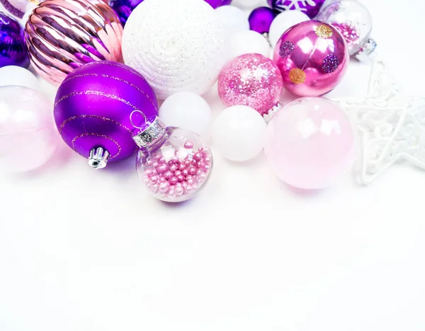 Gentle Pink Purple Baubles White Background Christmas Mood Festive Decor — Stock Photo, Image