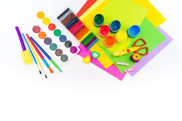 School Accessories Laid Out Form Rainbow White Background Happy Back — Stock Photo, Image