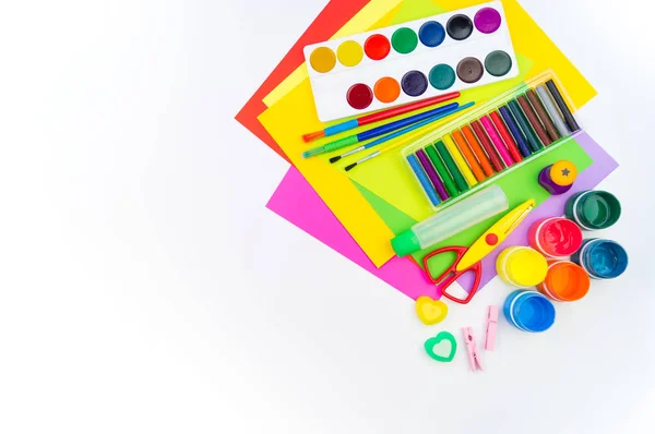 School Accessories Laid Out Form Rainbow White Background Happy Back — Stock Photo, Image