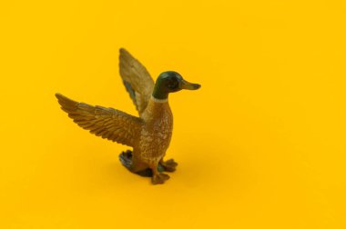 Sarı bir arka plan üzerinde plastik oyuncak drake. Bir çocuk için orman hayvan.