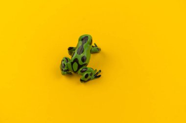 Sarı bir arka plan üzerinde plastik oyuncak kurbağa. Hayvanlarıyla bir çocuk için. Yazmak için bir yer.