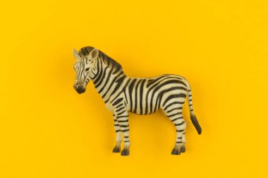 Sarı bir arka plan üzerinde plastik oyuncak zebra. Hayvanlarıyla bir çocuk için. Yazmak için bir yer.