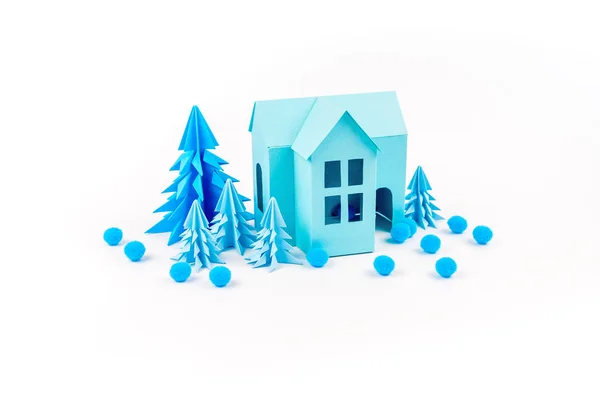 Blue House Glued Out Paper Stands Violet Forest White Background — Stock Photo, Image