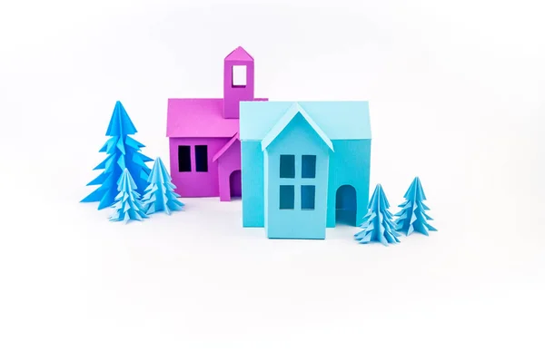 Пурпурні Сині Будинок Клеєний Паперу Стоїть Лісовій Фіолетовий Білий Фон — стокове фото