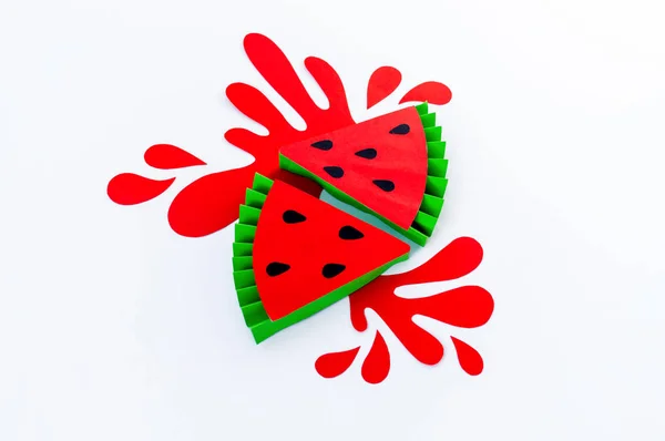 Melancia Vermelha Com Salpicos Papel Fundo Branco Smoothies Frutas São — Fotografia de Stock