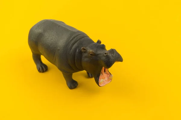 Hipopótamo Juguete Plástico Sobre Fondo Amarillo Animal Africano Para Niño —  Fotos de Stock