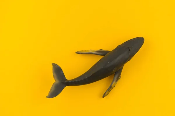 노란색 바탕에 플라스틱에서 장난감 고래입니다 — 스톡 사진