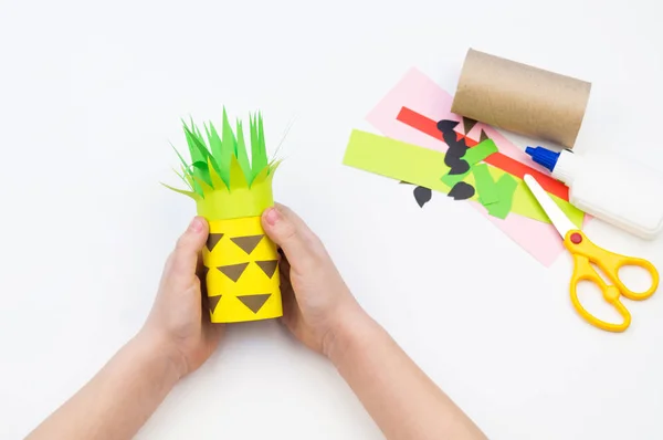 Child does the handicraft. Fruit paper. Pineapple and Watermelon summer. — Stock Photo, Image