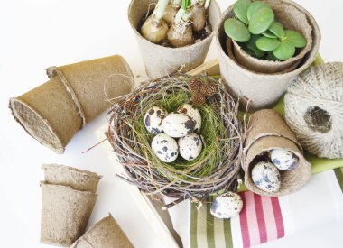 Paskalya. Bitkiler nakli için araçlar ile bir sepet. Bıldırcın yumurtası ile kuş yuvası.