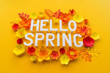 Merhaba Mayıs el yazısı kartı. Bahar lale narcissus, koyu sarı arka plan üzerinde plumeria kağıt çiçekler.