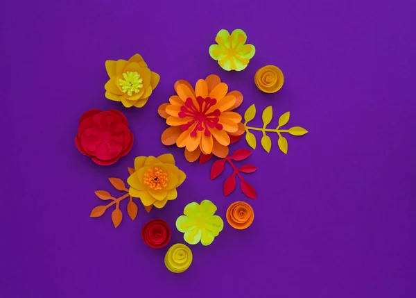 Dekorative Blumen aus Bastelpapier auf violettem Hintergrund. Handarbeit. Frühlingsurlaubspostkarte. — Stockfoto