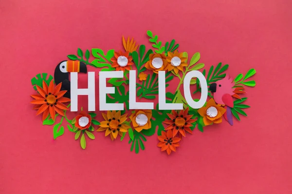 สวัสดี เมย์ การ์ดอักษรมือ ทิวลิปฤดูใบไม้ผลิ นาร์ซิสซัส ดอกไม้กระดาษพลูเมอเรีย บนพื้นหลังสีชมพูเข้ม . — ภาพถ่ายสต็อก