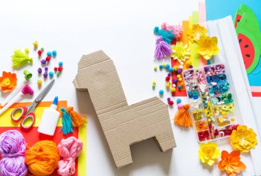 Diy cinco de mayo Meksika Pinata llama beyaz bir arka plan üzerinde karton ve krep kağıt kendi ellerinizi yaptı.