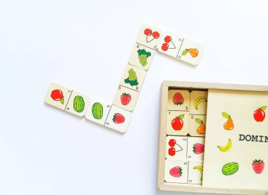 Matematik çalışması için Montessori malzeme. Doğal malzeme. Meyveli domino taşları