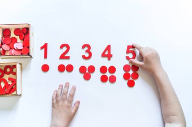 Montessori malzemesi. Çocukların elleri. Matematik çalışması