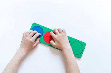 Montessori malzemesi. Çocukların elleri. Bütün ve bir parça. Kesir. Matematik çalışması