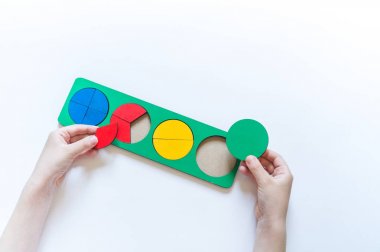 Montessori malzemesi. Çocukların elleri. Bütün ve bir parça. Kesir. Matematik çalışması