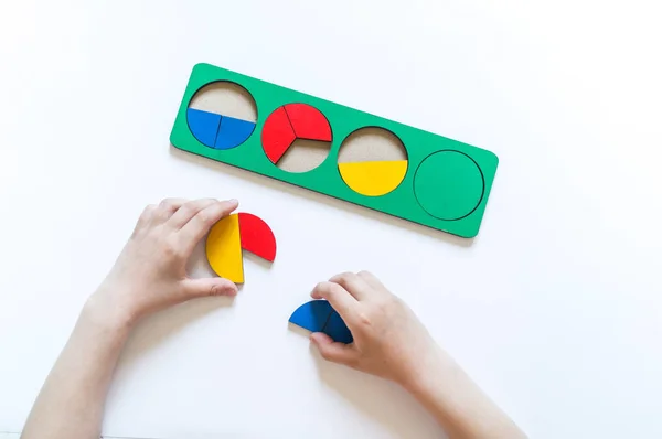 Montessori malzemesi. Çocukların elleri. Bütün ve bir parça. Kesir. Matematik çalışması — Stok fotoğraf