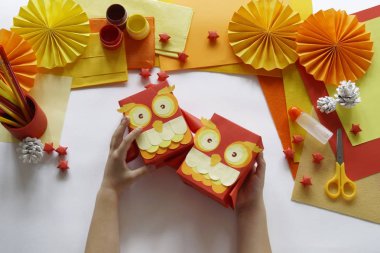 Bir kutu bir baykuş bir hediye paketi için bir çocuk ana sınıfı.