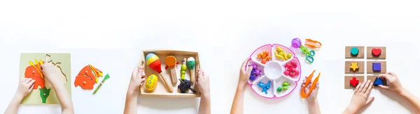 Material Montessori. Las manos de los niños. El estudio de las matemáticas y la biología.Benner —  Fotos de Stock