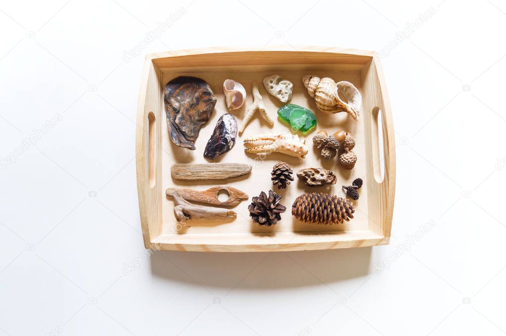 Natural material montessori training. Basket tray with objects for studying