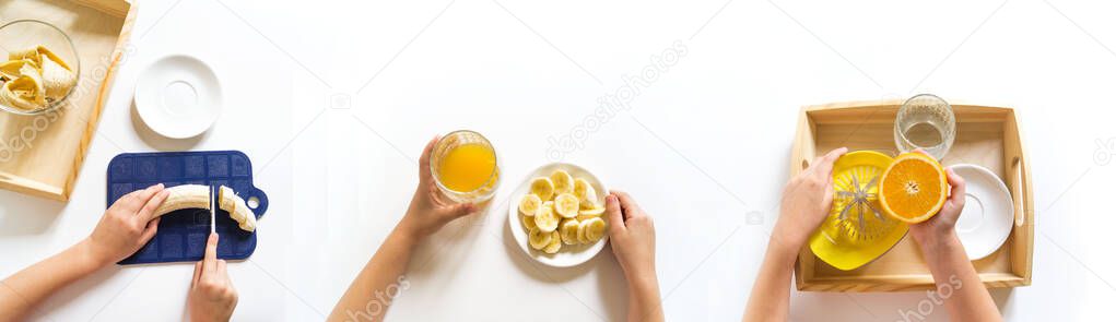 Montessori cooking Children's hand squeezes juice from an orange. cuts a banana