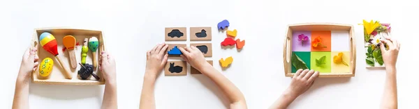 Montessori materyali düz yerde yatıyordu. Banner Çocuklar 'ın eli. Beyaz arka planda uzaktan eğitim ahşap tepsi.
