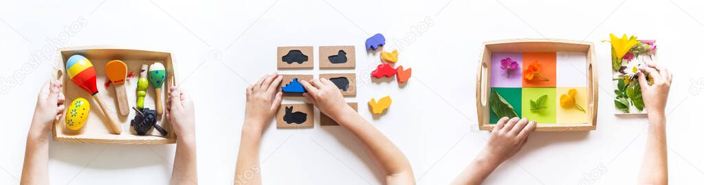 Montessori material flat lay. Banner Children hand. Home remote schooling Wooden tray on a white background.