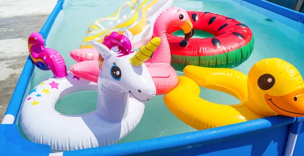 Los Círculos Inflables Los Niños Nadan Piscina Verano Caliente Playa —  Fotos de Stock