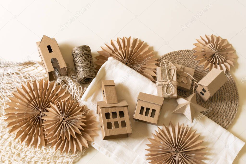 Zero waste Christmas Hand crafted gifts with natural Christmas decorations without plastic. Paper and cardboard craft