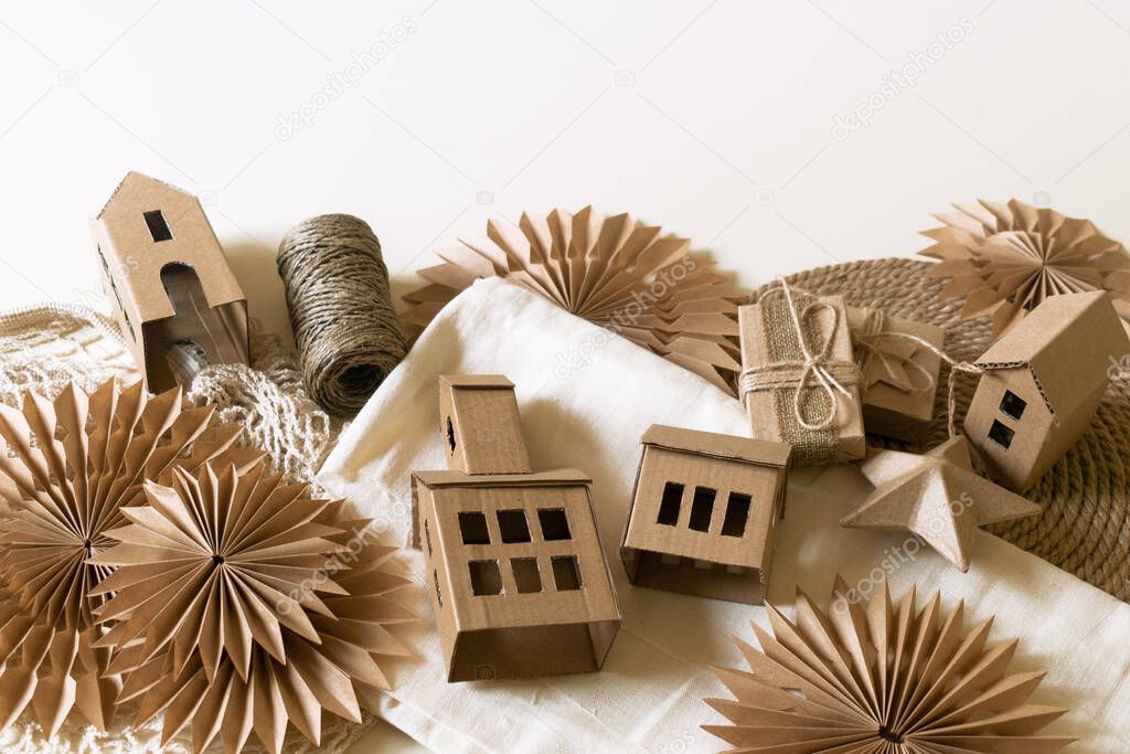 Zero waste Christmas Hand crafted gifts with natural Christmas decorations without plastic. Paper and cardboard craft