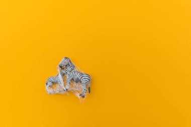 Zebra plastik bir torbaya dolanmış. Plastik hayvan konsepti. Sarı arka plan. Çevre kirliliği sorunu.