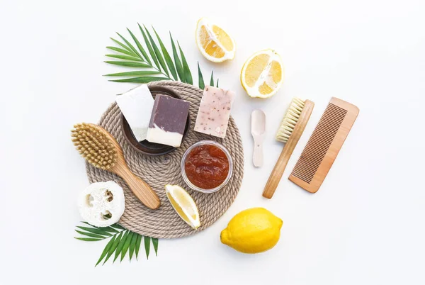 Zero waste, eco friendly Natural cosmetic product for cleaning and care. Ingredients DIY Flat lay Life without plastic.