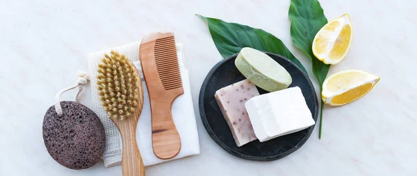 Set of Soap Eco Bag, bamboo toothbrush, Geometry natural Eco cosmetics products and tools. Zero waste, Plastic free. Sustainable lifestyle concept.