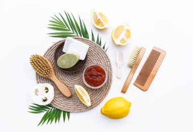 Sıfır atık, çevre dostu temizlik ve bakım için doğal kozmetik ürünü. Malzemeler DIY Düz Plastiksiz Yaşam.